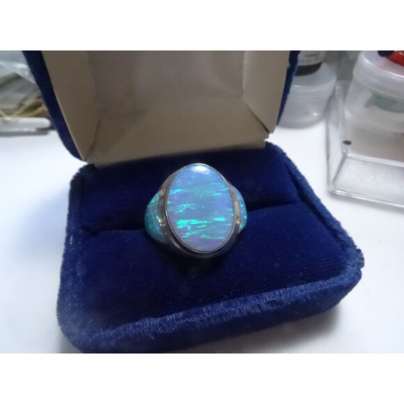 Amazing Azure Opal Sterling Silver Ring by R Begay Sz 9 - Picture 1 of 10